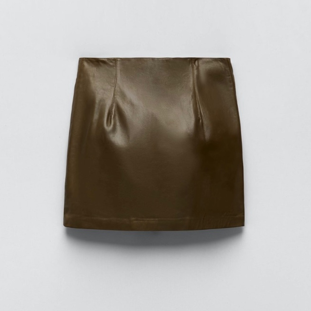 Zara Real Leather Mini Skirt - Olive Green Size XS - Picture 2 of 6